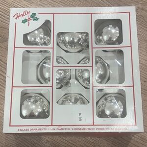 Vintage Holly Silver Glass Christmas Ornaments Set of 8 American Made Boxed‎